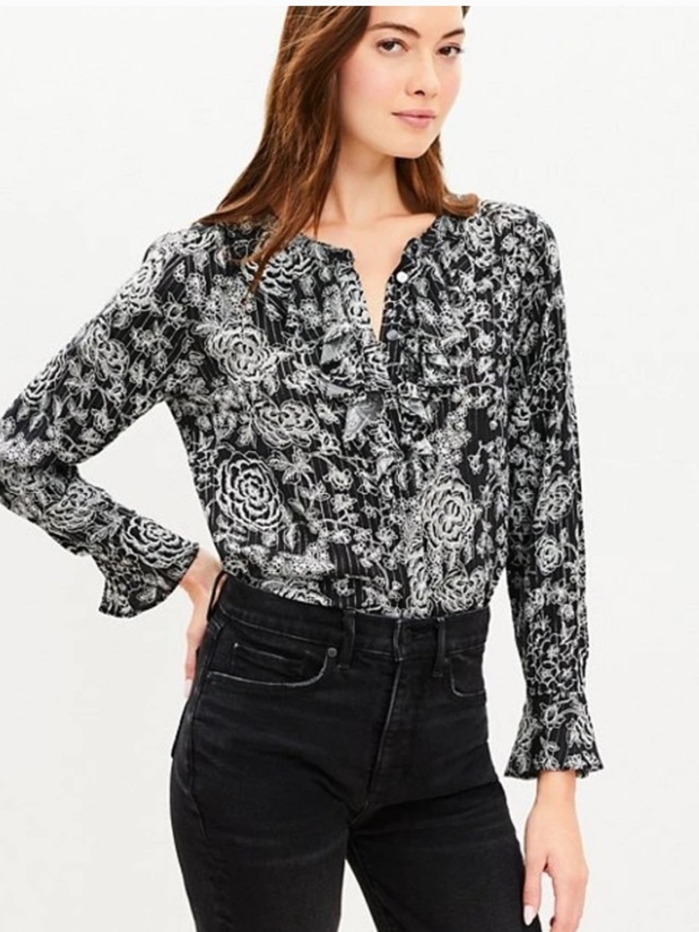 LOFT Black White Floral Ruffle Blouse Size Small Boho Sheer Lightweight Top